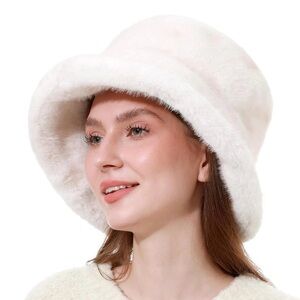 Women's Faux Fur Bucket Hat Winter Short Plush Warm Ladies Fisherman Cap